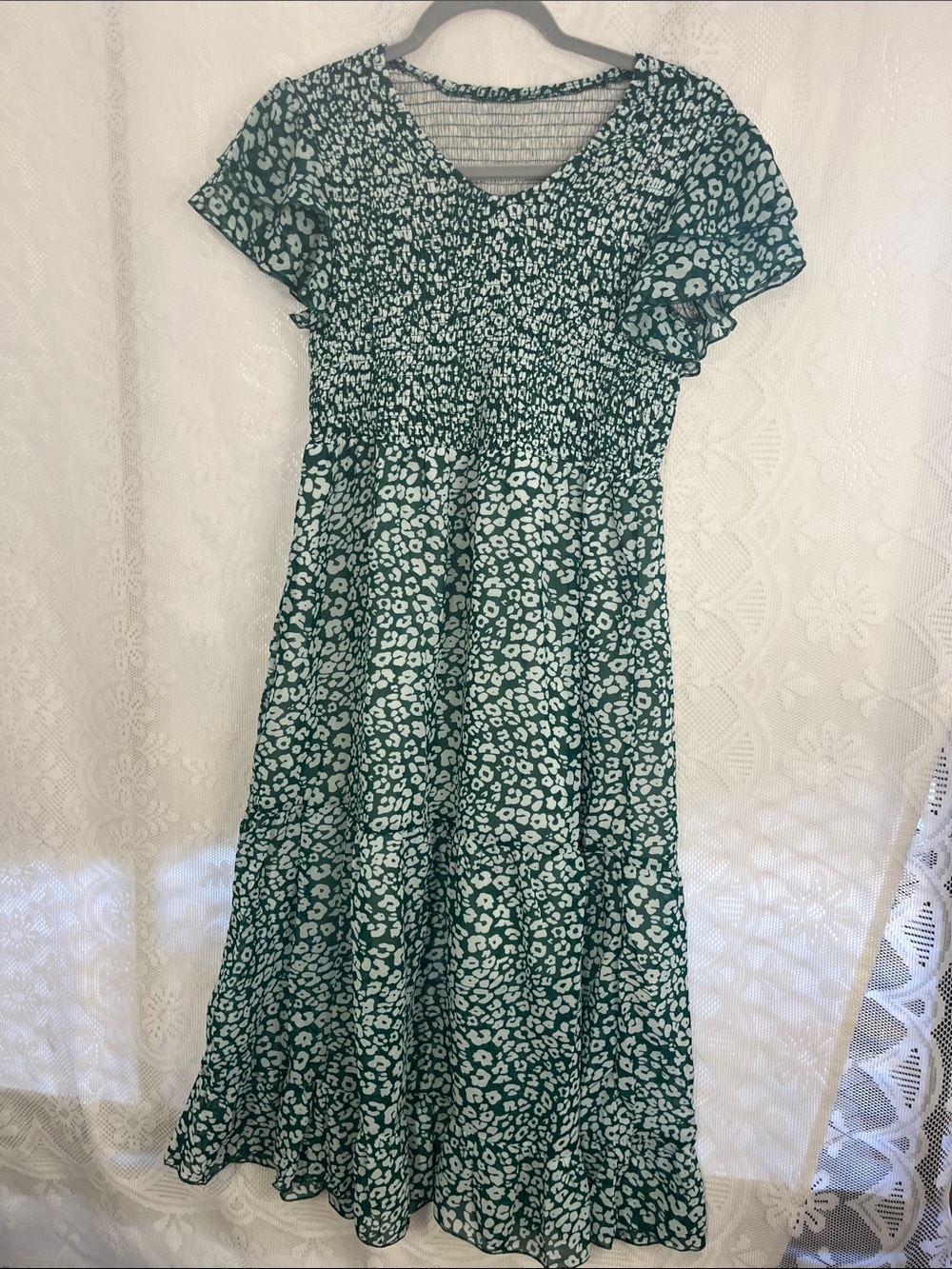 Green Floral Smocked Maxi Dress with Flutter Sleeves NWOT S